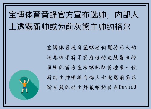 宝博体育黄蜂官方宣布选帅，内部人士透露新帅或为前灰熊主帅约格尔