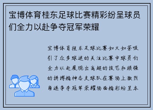 宝博体育桂东足球比赛精彩纷呈球员们全力以赴争夺冠军荣耀