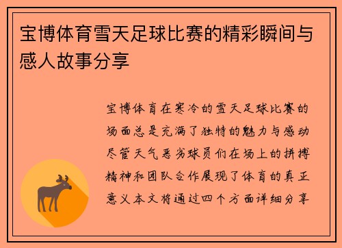 宝博体育雪天足球比赛的精彩瞬间与感人故事分享