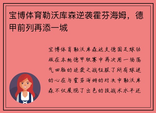 宝博体育勒沃库森逆袭霍芬海姆，德甲前列再添一城