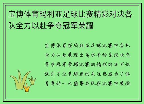宝博体育玛利亚足球比赛精彩对决各队全力以赴争夺冠军荣耀