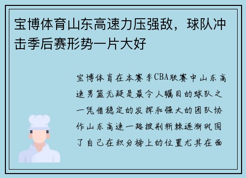 宝博体育山东高速力压强敌，球队冲击季后赛形势一片大好