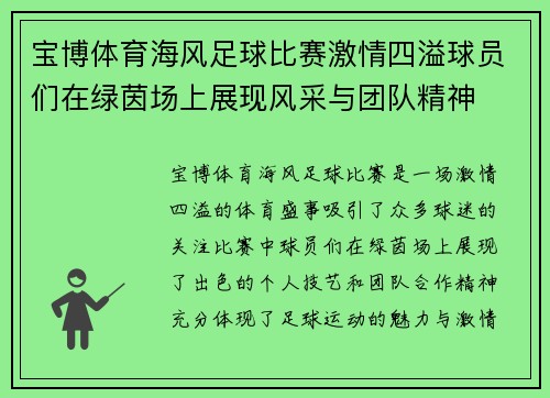 宝博体育海风足球比赛激情四溢球员们在绿茵场上展现风采与团队精神