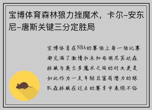 宝博体育森林狼力挫魔术，卡尔-安东尼-唐斯关键三分定胜局